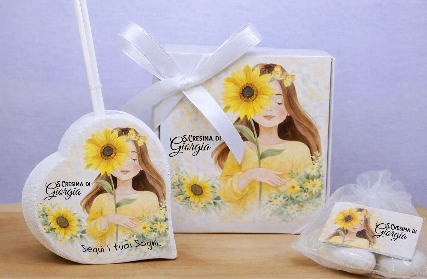Profumatore cuore personalizzato con scatola coordinata – Bomboniera Cresima con girasole