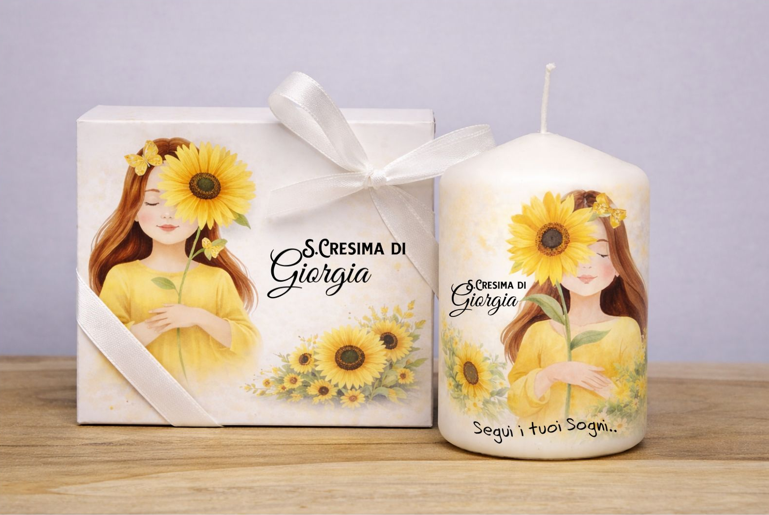 candela personalizzata ragazza girasole