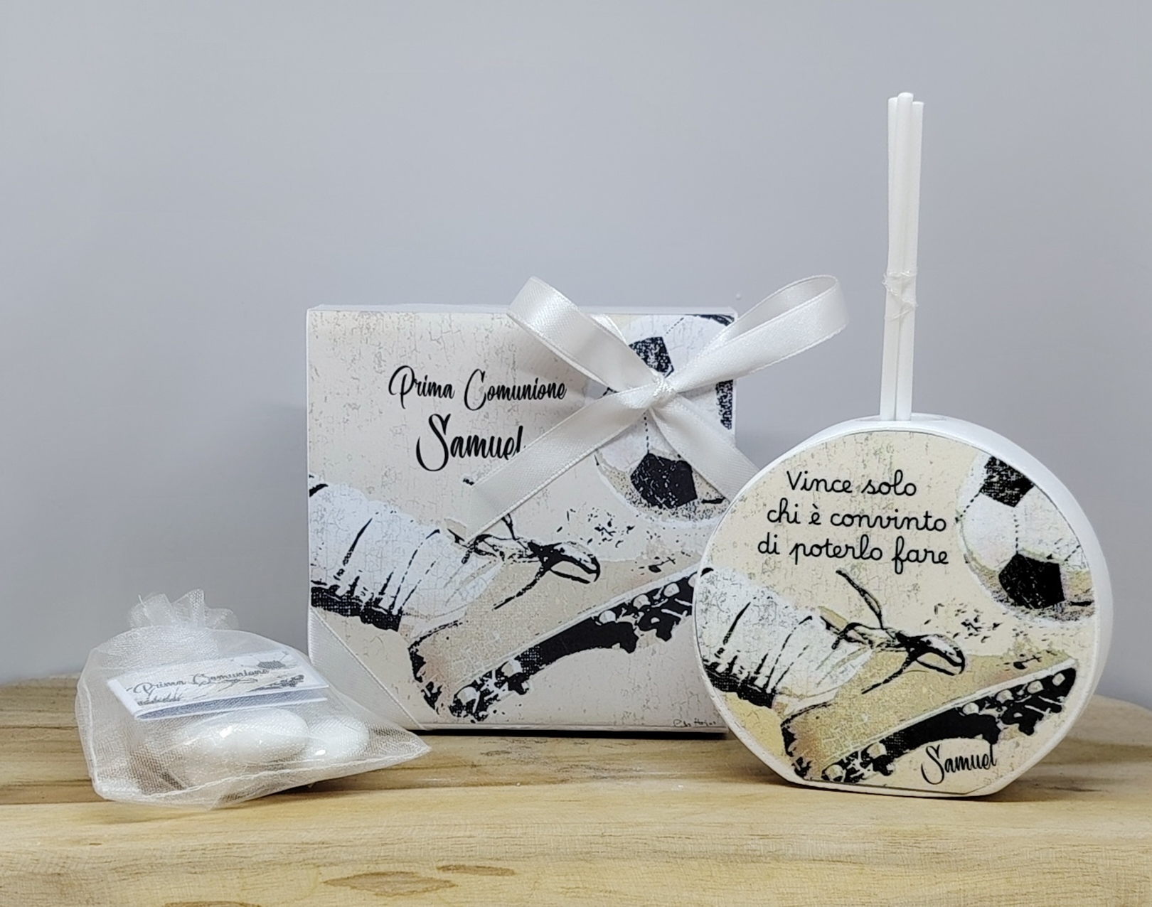 profumatore ambiente con bastoncini decorato a tema sportivo, personalizzato con nome e frase
